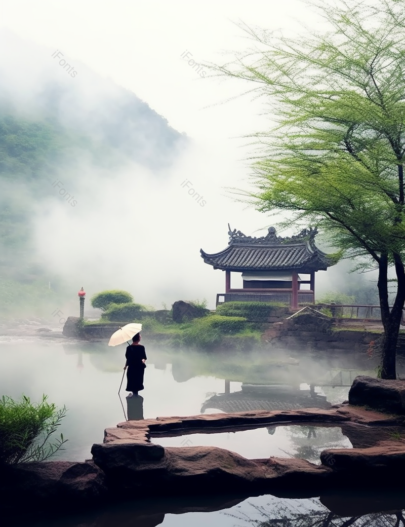 站在湖桥上的中国女子,高清,摄影图,摄影图片,图片大全,摄影图免费下载